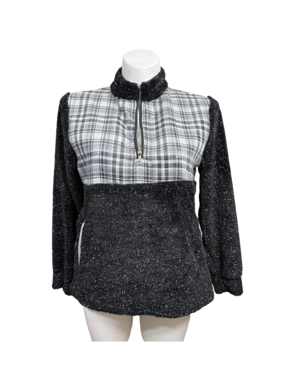 Grace + Emma Women’s Medium Black Silver Plaid Sequin Sherpa Pullover NWT